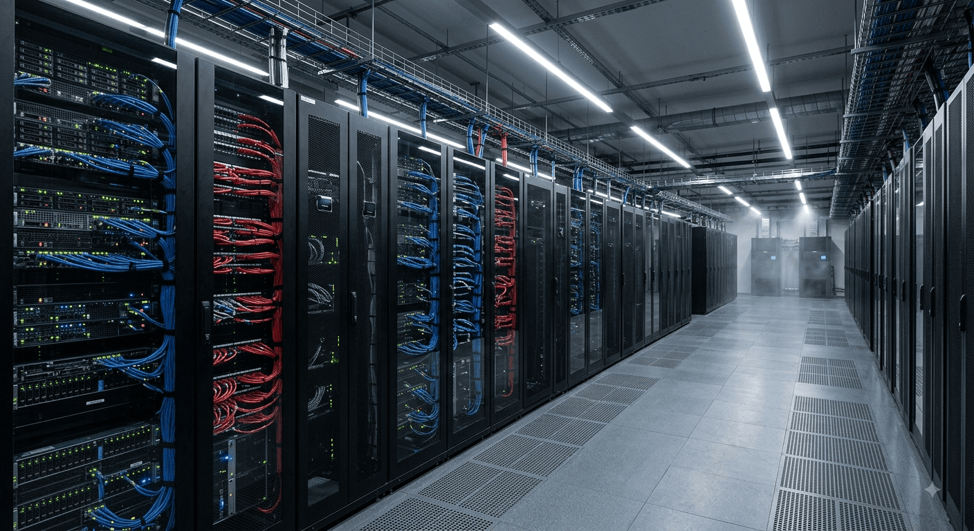 Sala server con file di apparecchiature di rete